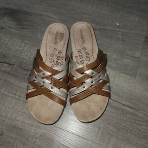 Baretraps Womens Brown‎ Metallic Multi Strap Slide Sandals Studded Comfort Shoes